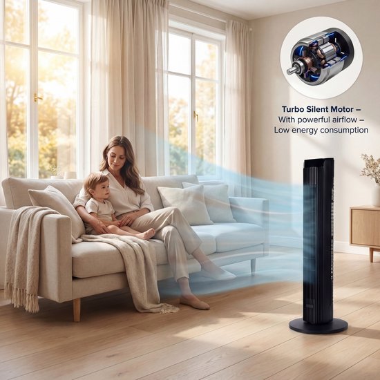 Ventilateur colonne Princess DC 91 cm – Ultra silencieux – 12 vitesses – 4 modes de ventilation – Oscillation à 90° – Minuterie 1 à 24 heures – Avec télécommande – Noir - 352370
