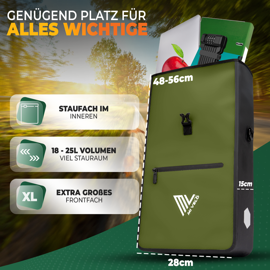 MiVelo Max - Sacoche étanche 2-en-1 pour porte-bagages - Vert olive - 25 L