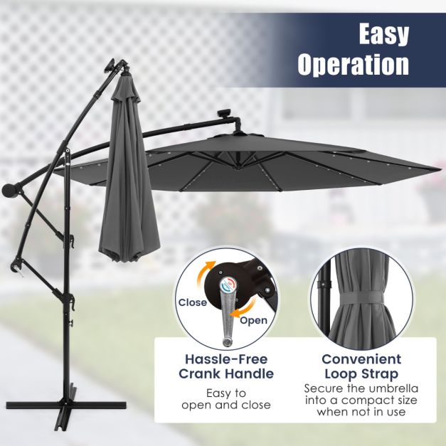 Coast Grand Parasol suspendu mobile - 300x300x250 cm - 40 LEDs et panneau solaire - Gris