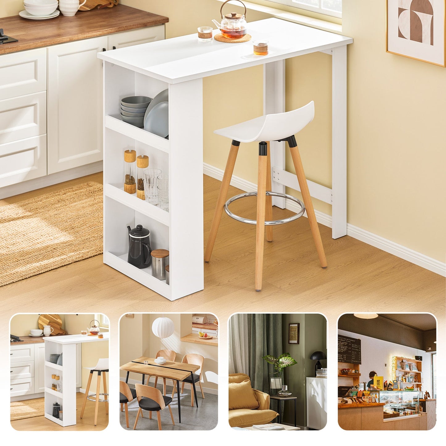 SoBuy FWT17-II-W Table de bar - Table de cuisine haute avec rangement - Table debout compacte pour la cuisine, le salon ou le bar à café - Blanc - 112 x 57 x 106 cm