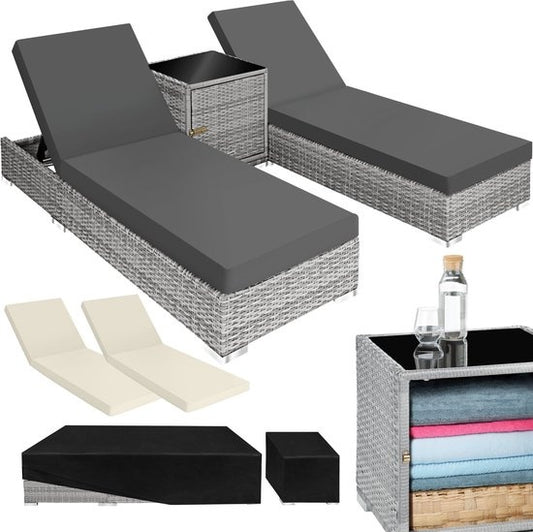 2 chaises longues de luxe en osier avec table - incl. housse de protection - gris clair - 403770