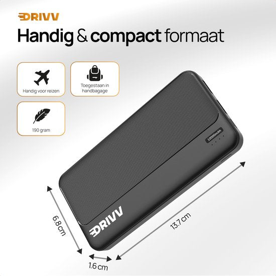 Drivv. Powerbank 10 000 mAh - Chargeur rapide 22,5W - Charge rapide USB 3.0 - USB C - Convient à Samsung / iPhone / autres - Noir
