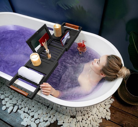 RelaxTub® Bathboard - Planche de bain pour la baignoire - Support de bain - Réglable - Antidérapant - Planche de bain noire - Planche de bain en bois - Support de bain avec porte-livre, porte-tablette et miroir