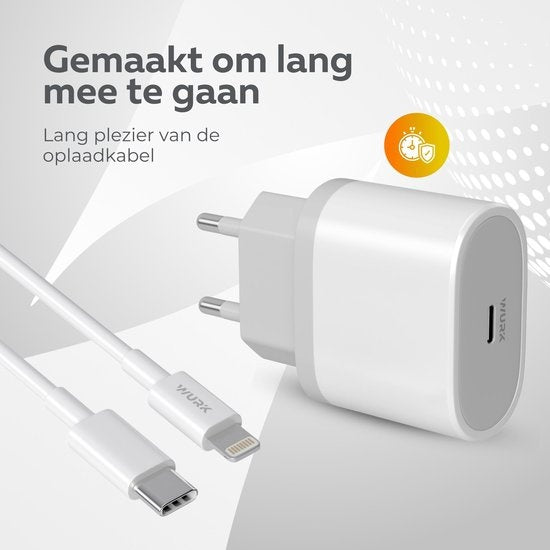 Chargeur - Wurk - Convient à l'iPhone et à l'iPad - Chargeur rapide 20W - Câble de charge 1M - Convient également aux iPhones plus anciens