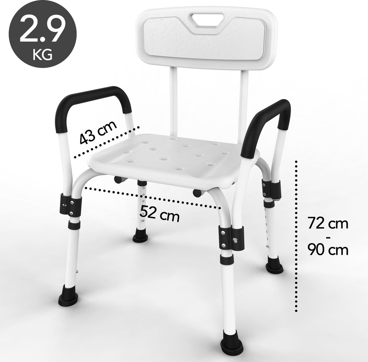 Brixy Shower Chair White 72-90 cm - Tabouret de douche réglable avec dossier et accoudoir amovibles, assise antidérapante et rembourrée, Max. 150 kg