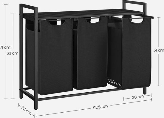 O'DADDY® Panier à linge 3 compartiments - trieur de linge - extensible avec étagère - 92.5 x 33 x 71 cm - panier à linge - 114L divisé en 3 poches - paniers à linge - panier à linge métal noir - gris foncé