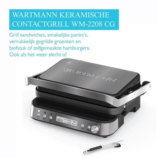 Wartmann WM-2208 CG, gril de contact en céramique, appareil à sandwich, gaufrier, sans PFAS, acier inoxydable.