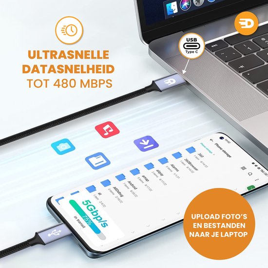 Drivv. Câble de charge USB C pour iPhone et Apple - Câble USB C à 8 broches - Chargement rapide - Câble de charge - Nylon - Gris - 3 mètres