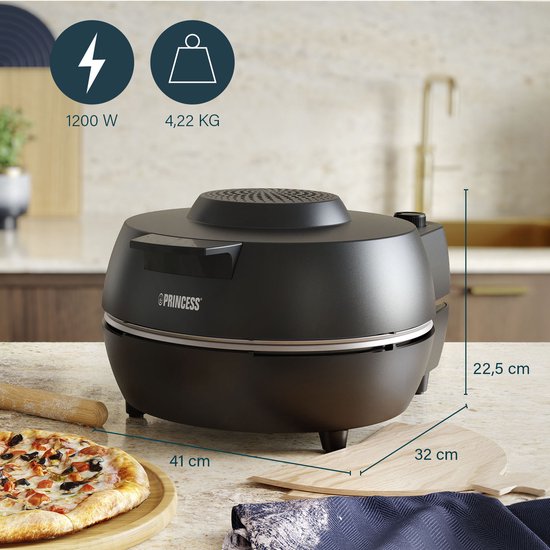 Four à pizza Princess 115005 - Appareil à pizza et four - Thermostat et minuterie réglables - 1 200 W - Pierre à pizza en céramique - 410 degrés - diamètre 30 cm - Noir