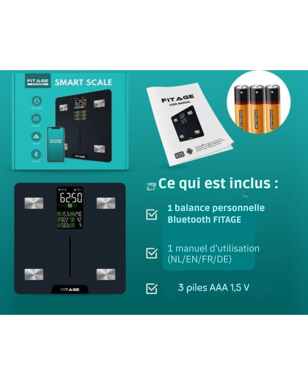 Balance personnelle numérique LED FITAGE - Balance intelligente avec analyse corporelle 17x - Balances - Application FITAGE
