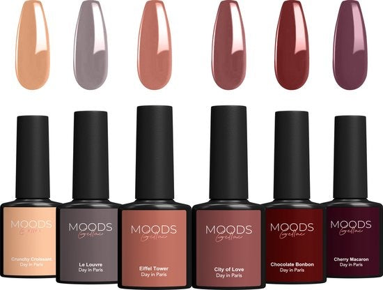 Moods Gellac Ensemble de 6 pièces - Vernis à ongles gel - Couleurs nude foncées - 8ML - Journée à Paris - Gellac - Ongles - Pack de démarrage de vernis gel - Couleurs caramel