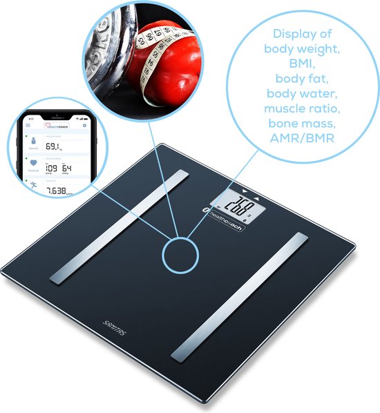 Pèse-personne Sanitas SBF 72 Bluetooth® - Analyse corporelle - Application HealthCoach gratuite - Mémoire pour 8 utilisateurs avec fonction de reconnaissance - Jusqu'à 180 kg - Arrêt automatique - Pile incluse - Garantie de 3 ans