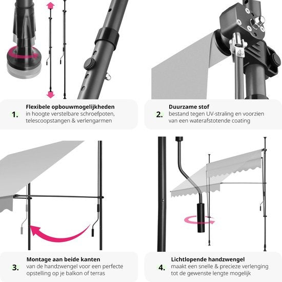 tectake - store à pinces - parasol - store - réglable - store à pinces - parasol balcon - 200 x 180 cm - gris clair - store - 404958