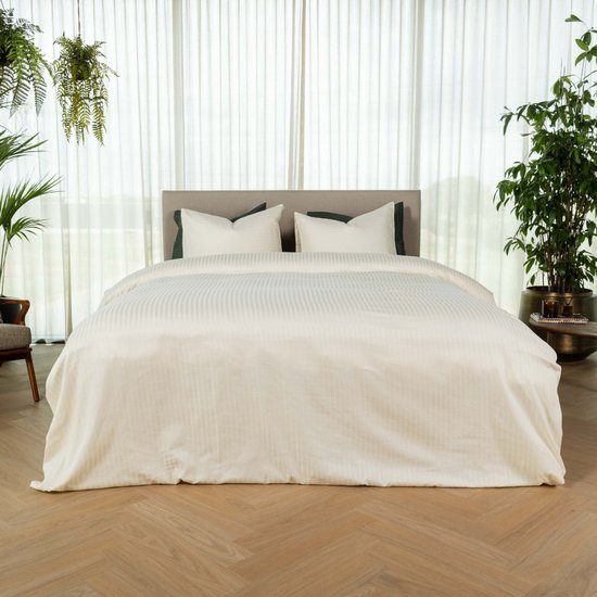 Housse de couette Kayori Elin en satin de coton - 140 x 200-220 cm + 1 taie d'oreiller - Lit simple - Blanc cassé