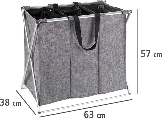 Panier à linge Wenko à 3 compartiments avec fermeture à cordon - 3 compartiments - sans couvercle - 130 litres