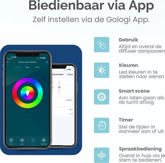 Gologi Smart Aroma Diffuser - 550ML - Humidificateur - Diffuseur de parfum - Eclairage LED - 2 huiles essentielles incluses - Marron clair