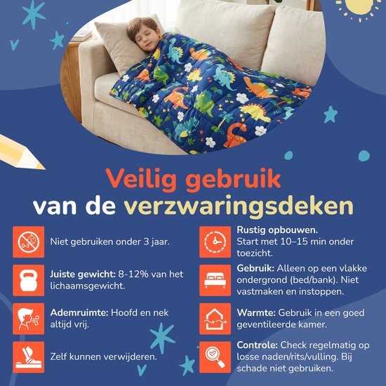 Vonia Couverture lestée Enfant 3,2 kg - Couverture lestée - 104 x 152 cm - Coton - Dino