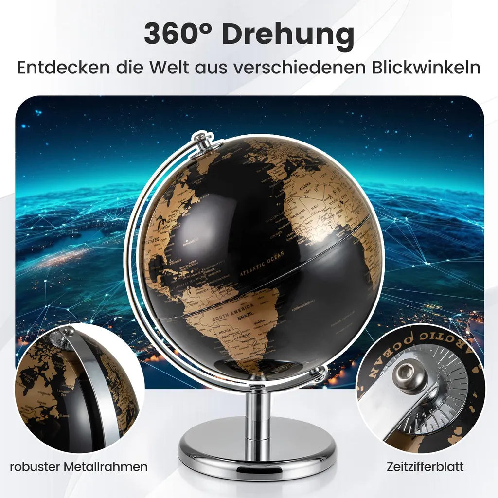 Globe Coast 20 cm - Noir/Or - Rotatif à 360° - Avec socle métallique - 21 x 21 x 27 cm