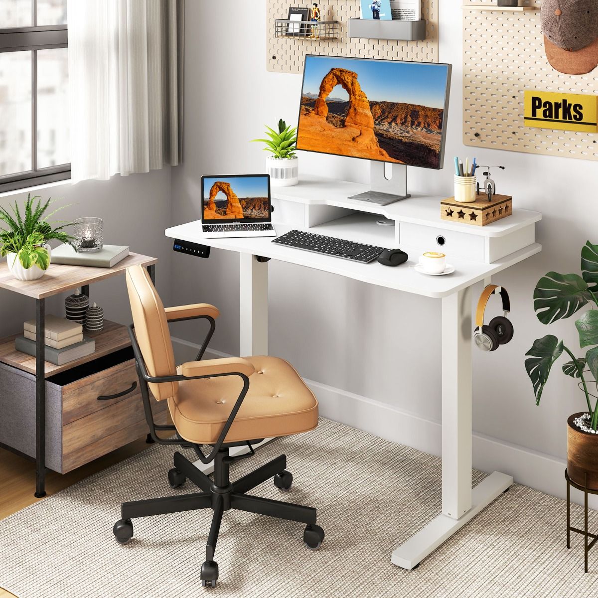 Bureau assis-debout électrique Coast - Réglable en hauteur - Avec support pour écran et tiroirs - Blanc 100 x 60 cm