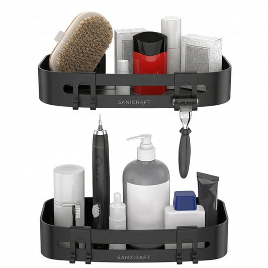 Sanicraft® Porte-douche - Pas de perçage - Convient à tout type de mur - Suspension - Inox - 2 pièces - Noir