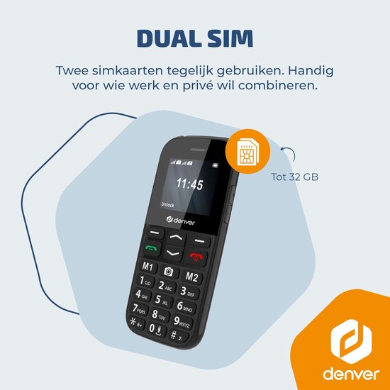 Téléphone portable Denver pour seniors 4G - Grandes touches - Bouton SOS - Grandir sans smartphone - Station de recharge - GSM - Bluetooth - Radio FM - Entièrement en néerlandais et en français - Modèle 2026 - BAS18800L