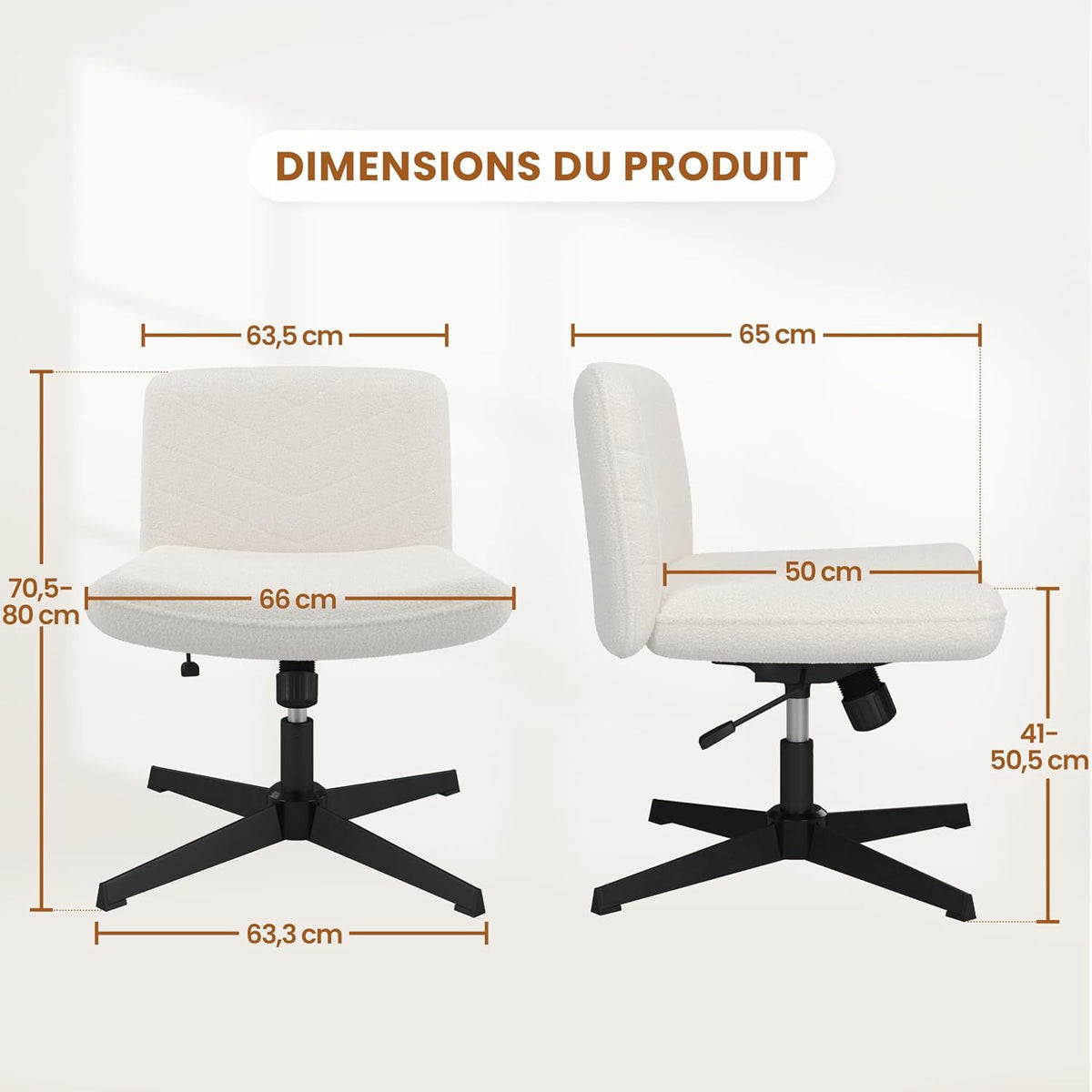 Chaise de bureau ergonomique Yaheetech - Ivoire - Bouclé - Hauteur d'assise réglable - Rotation à 360° - Piètement en croix