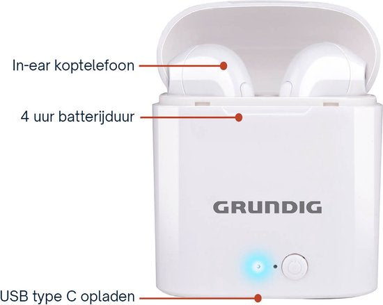 Grundig Wireless Earbuds - Bluetooth In Ear Earbuds 400mAh - Ecouteurs sans fil avec 2 heures d'autonomie - Ecouteurs pour appels mains libres - Etui de charge inclus Câble de charge USB-C