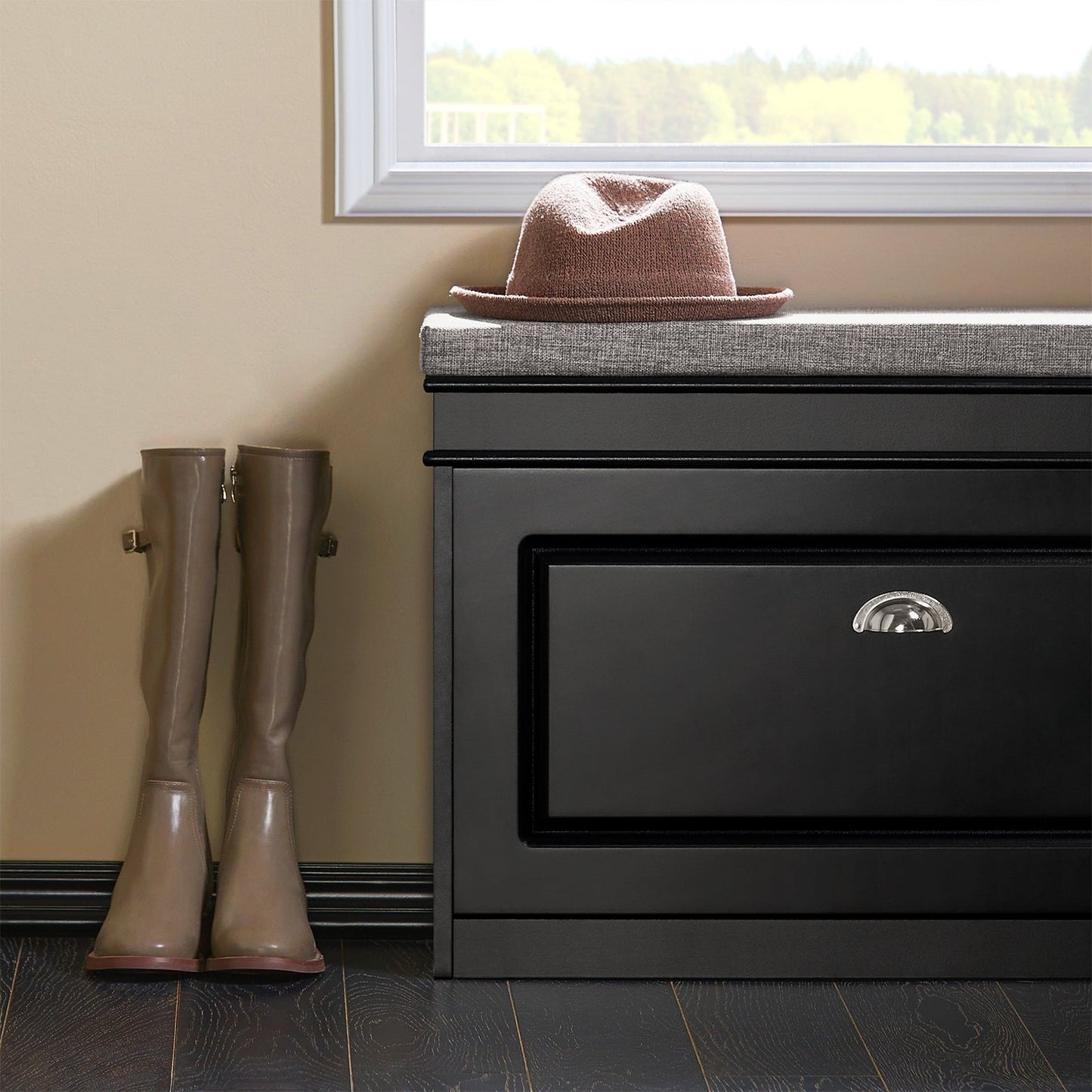 SoBuy Meuble à chaussures avec assise rembourrée - MDF - Max. 150 kg - 75 x 24 x 51 cm - Noir/ Gris