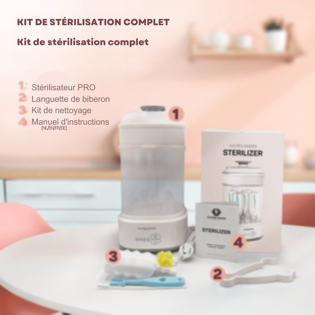 Vulpes Goods® BabyCare - Stérilisateur de biberons électrique 5 en 1 - Stérilisateur à vapeur avec fonction sèche - Stérilisateur de biberons PRO - Kit de nettoyage inclus