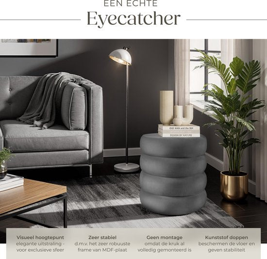 tectake® Tabouret avec rangement - Tabouret scandinave en tissu velours - Tabouret rond rembourré pour coiffeuse, chambre, salon ou comme meuble d'entrée - Tabouret de rangement - gris