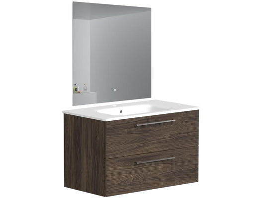 Ensemble de meubles de salle de bains Kame Gama - Chêne brun - Miroir inclus - 80 cm