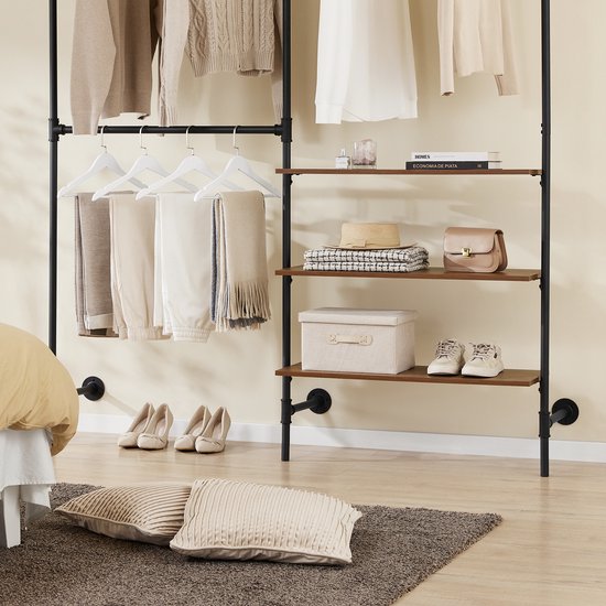 SoBuy armoire à vêtements industrielle avec 3 barres et 3 étagères en MDF, armoire ouverte robuste, noir industriel KLS18-SCH