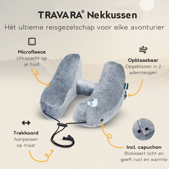TRAVARA Oreiller gonflable pour la nuque - The Airsnoozer - Oreiller de voyage - Pour l'avion et la voiture - Avec bouchons d'oreille - Oreiller pour la nuque - Gris