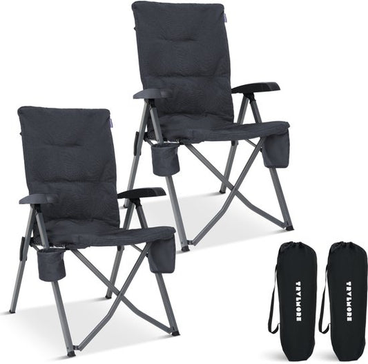 TRVLMORE Chaises de camping de luxe - pliables - 2-Pack - Capacité de charge 150KG - Sac de transport inclus - Chaise pliante - Chaise de camping - Chaise pliante - Gris