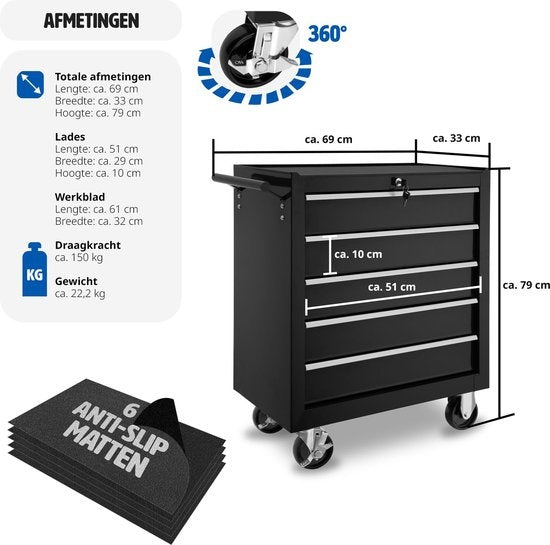 tectake® - Gereedschapswagen met 5 lades - zwart- 402797