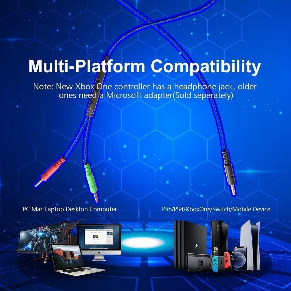 KOTION Casque de jeu EACH G2000 - Noir/Bleu - Convient pour PS5, Xbox Series X, Windows et Switch