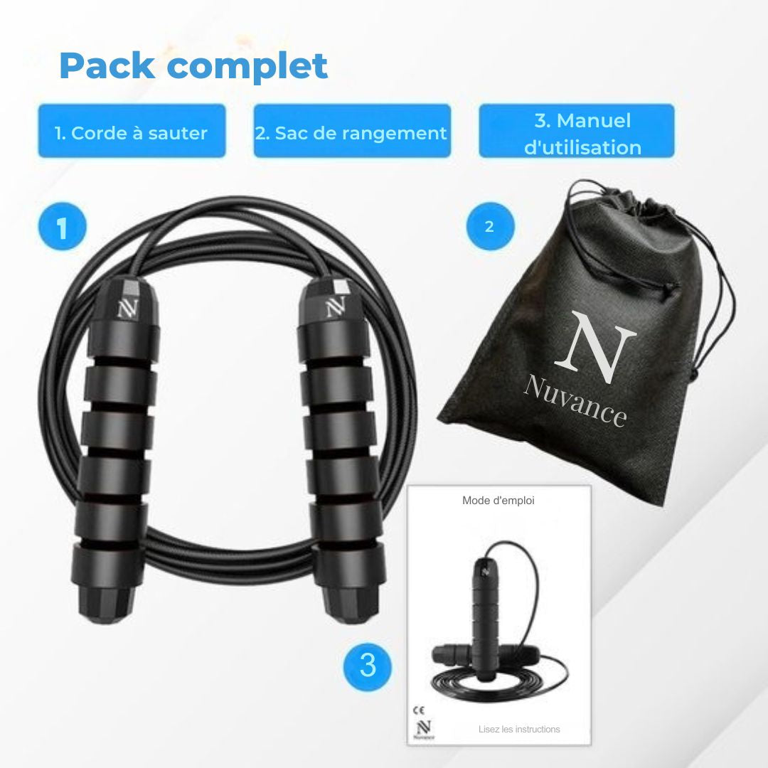 Corde à sauter sportive professionnelle - Nuvance  - réglable - Speedrope - pour adultes et enfants - noir