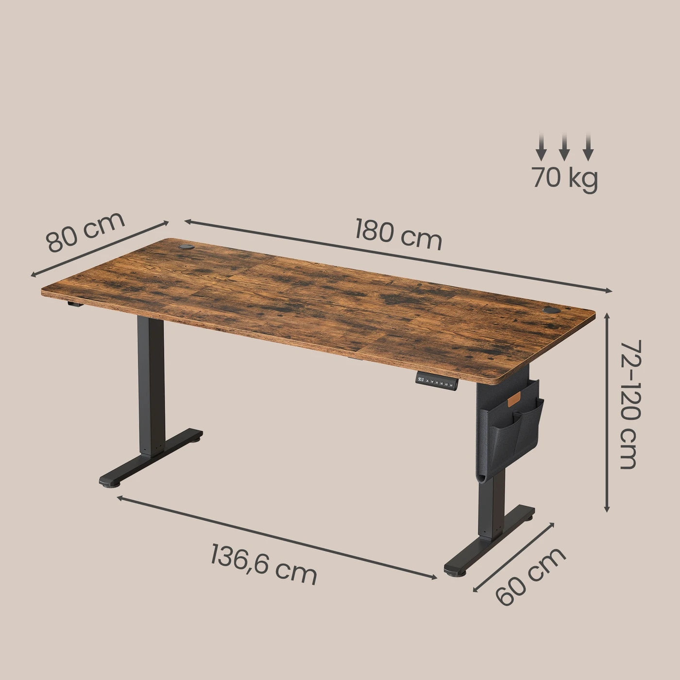 Bureau électrique réglable JOYFURNOS 180 x 80 cm - 72-120 cm - Marron vintage et noir - Fonction mémoire - 70 kg