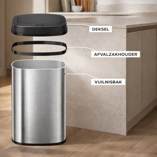 Bayt Poubelle - Poubelle 60 litres - Poubelle - Corbeille - Métal - Argent