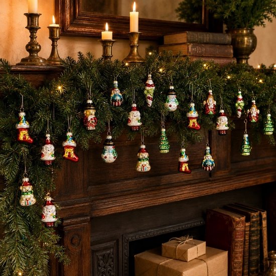 Mica Decorations - Lot de 20 boules de Noël - Décorations de Noël pour le sapin - Ornements de Noël en verre représentant des personnages classiques de Noël - Boules de Noël de 3,5 cm - Vert