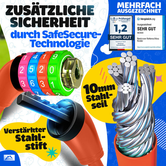 NEXTCOVER® Cadenas pour vélo d'enfant avec code numérique à 4 chiffres I Cadenas pour vélo d'enfant - Idéal pour les scooters, les vélos et plus encore I Cadenas à combinaison pour vélo avec des chiffres colorés - Cadenas pour scooter Extra robuste et sûr