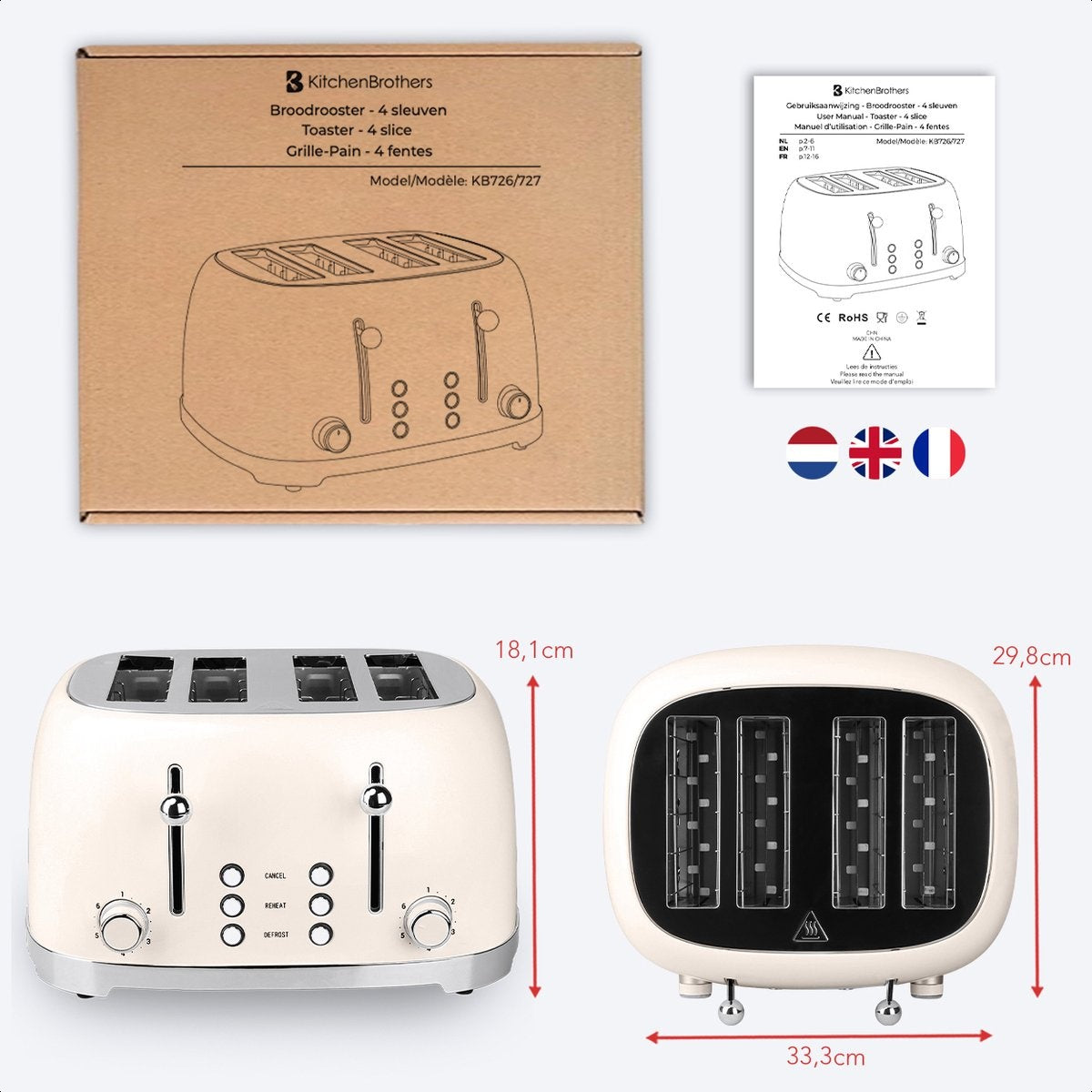 KitchenBrothers Retro Toaster - Grille-pain - 6 niveaux de chaleur - 4 fentes extra-larges - 1630W - Beige