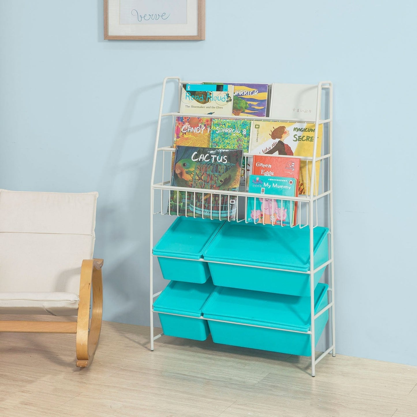 SoBuy Rack de rangement pour enfants - Avec bibliothèque - Max. 50 kg - 61 x 25 x 102 cm - Bleu / Blanc