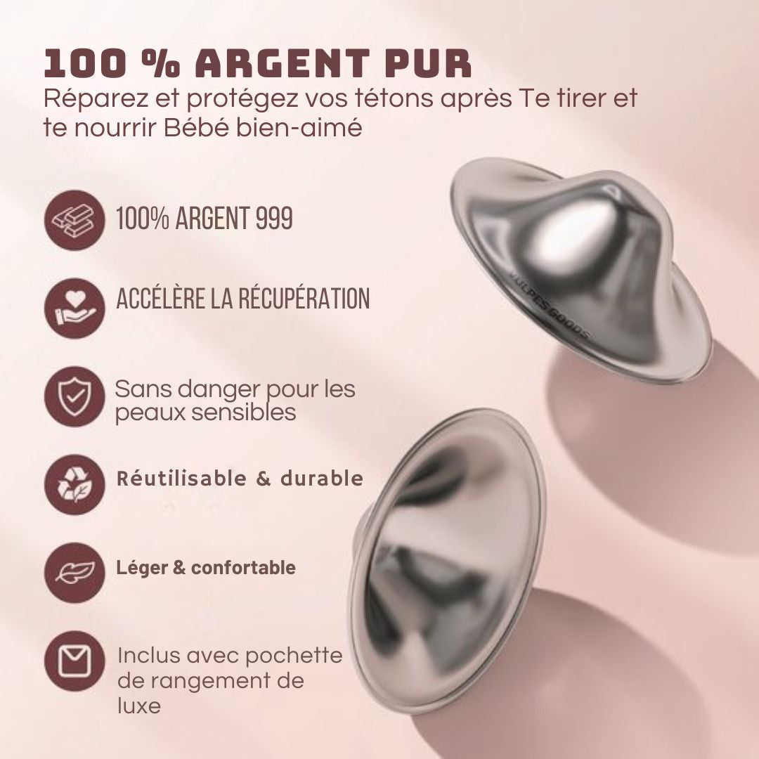 Bonnets d'allaitement Vulpes Goods® - Argent pur 999 - Hypoallergénique et réutilisable - Protège-mamelons pour l'allaitement - Taille M - Etui de rangement inclus - argent