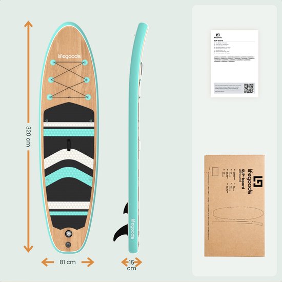 LifeGoods PaddlePro SUP Board - avec siège - Planche à pagaie gonflable - Ensemble complet - Max. 150KG - 320x81cm - Bois/Vert Menthe