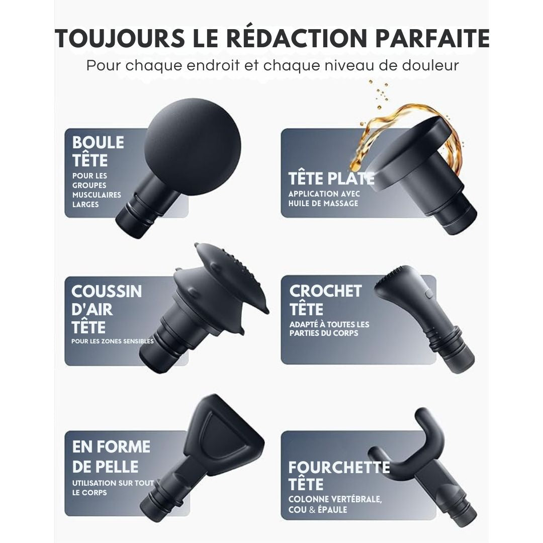 Pistolet de massage - HELDENWERK - avec 6 accessoires - 3200 rpm, USB-C, masseur musculaire - Noir