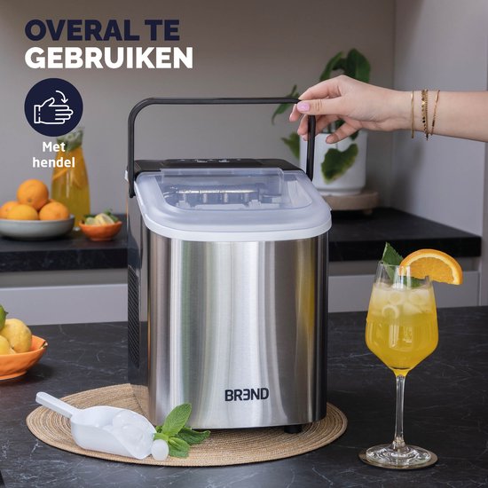 BREND BR-2213 Machine à glaçons avec cuillère et plateau d'égouttage - Grands L ou petits S glaçons - Machine à glaçons portable - 10 kg en 24 heures - Argenté