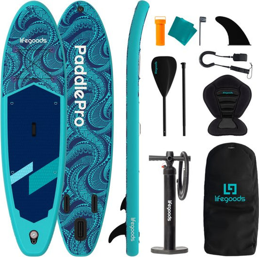 LifeGoods SUP Board All-round Compact - avec siège - capacité de charge de 100 KG - 300 x 76 cm - gonflable - ensemble complet de SUP - bleu
