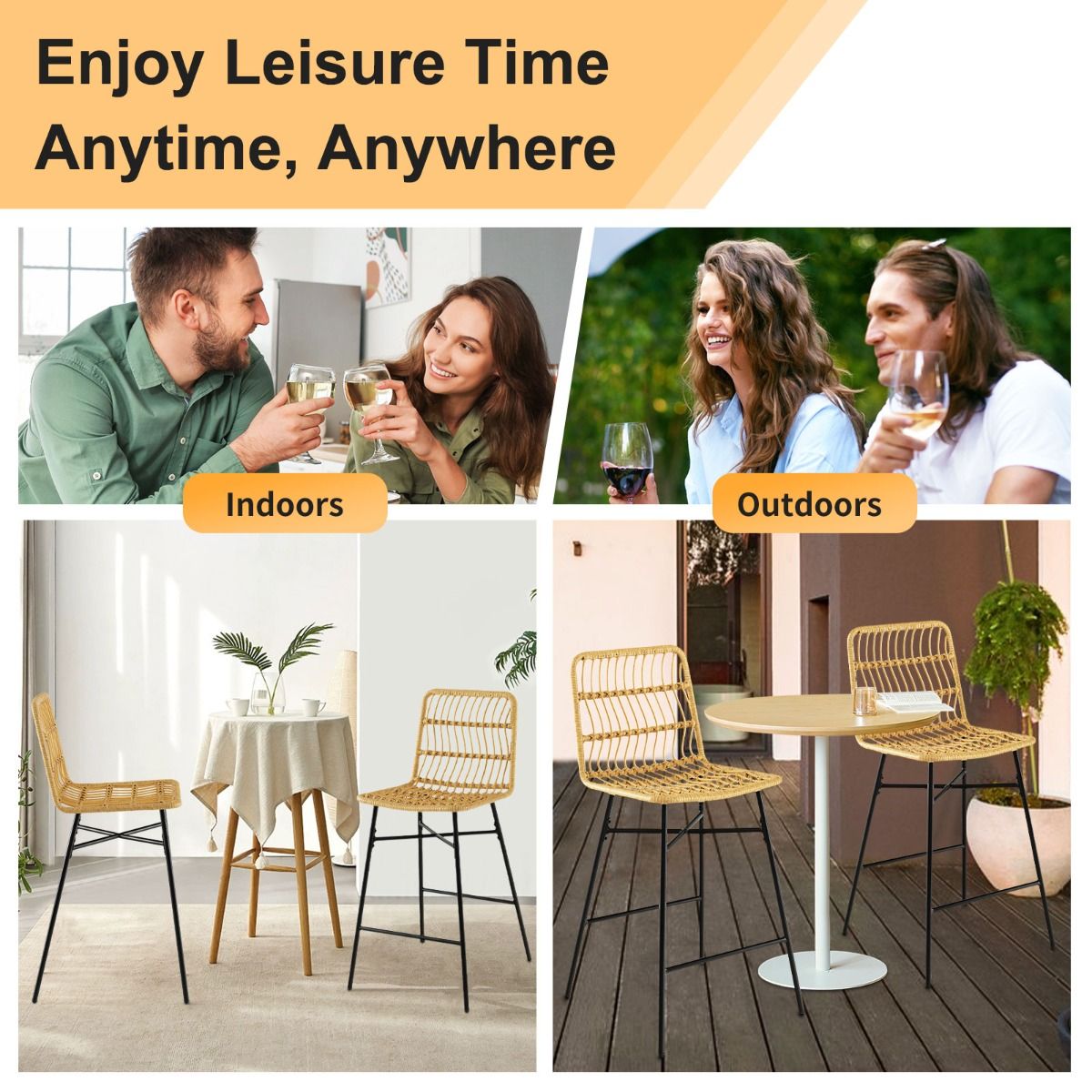 Coast - Tabourets de bar (Lot de 2) - aspect rotin, hauteur d'assise 69 cm, intérieur/extérieur - 49 x 56 x 104 cm - PE Reed/Métal - Naturel