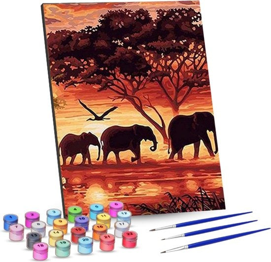 Rubye® Painting By Number Adults - Elephant Family - Pinceaux inclus - Canvas Painting canvas - Colour by Number - 40x50cm